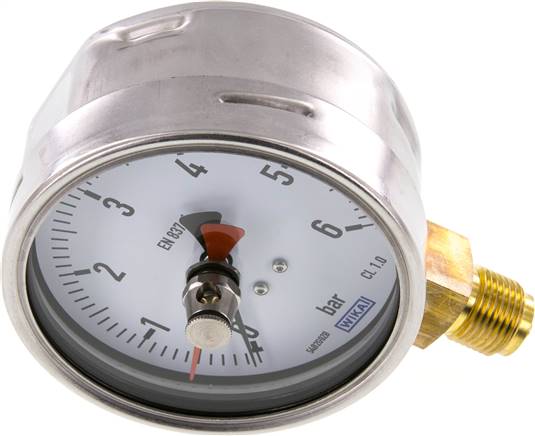 Manometer senkrecht (CrNi/Ms), 100mm, 0 - 6 bar, mit rückstellbarem Schleppzeiger