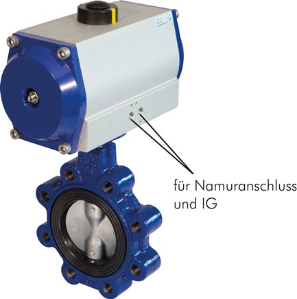 Pneum. Anflanschklappe DN65-PN25 (DIN/EN) GGG40/Edelstahl/EPDM,  Feder-schließend