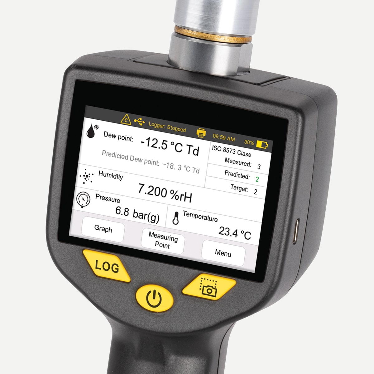 S520 Mobiles Taupunktmessgerät für Druckluft und Gase, -100…+20 °C Td, Drucksensor 16 bar