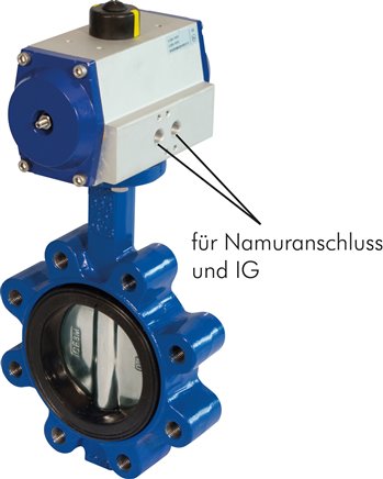 Pneum. Anflanschklappe DN150-PN16 (DIN/EN) GGG40/Edelstahl/FKM,  Feder-schließend