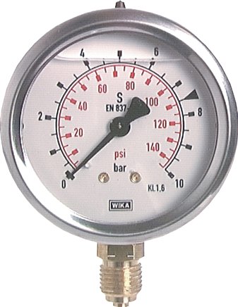 Glycerin-Manometer senkrecht (CrNi/Ms), 63mm, 0 - 1 bar