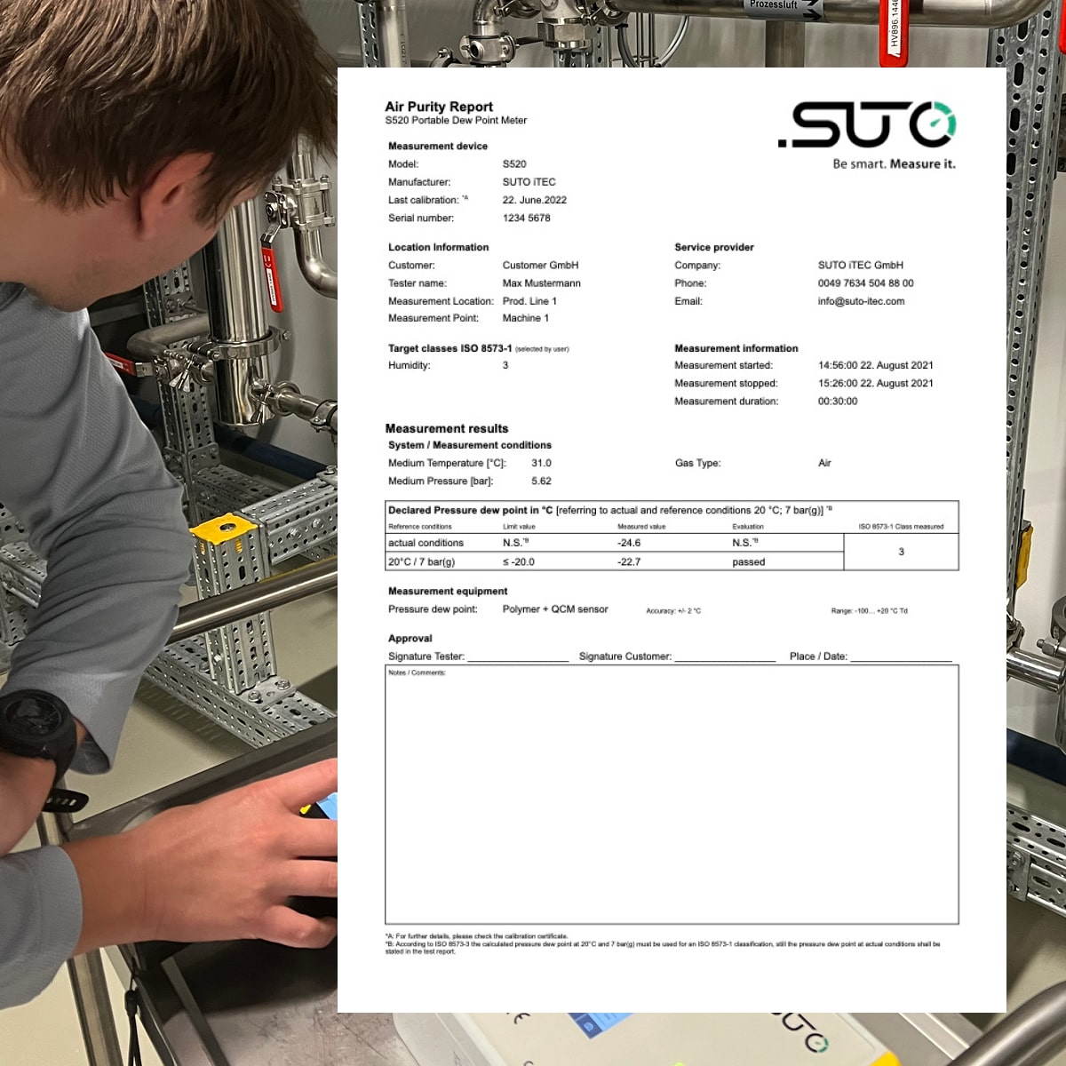 S520 Mobiles Taupunktmessgerät für Druckluft und Gase, -100…+20 °C Td, Drucksensor 16 bar