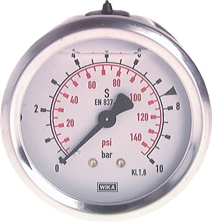 Glycerin-Manometer waagerecht (CrNi/Ms),63mm, -1 bis 0bar