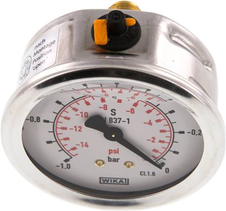 Glycerin-Manometer waagerecht (CrNi/Ms),63mm, -1 bis 0bar