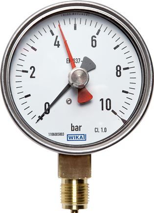 Manometer senkrecht (CrNi/Ms), 100mm, 0 - 10 bar, mit rückstellbarem Schleppzeiger