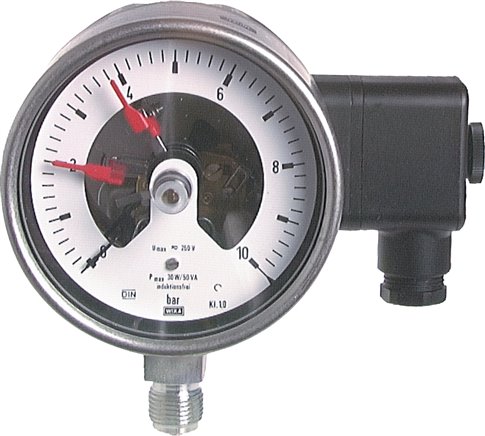 Sicherheits-Kontaktmanometer, senkrecht, 100mm, 0 - 6 bar, 1 Öffner- 1 Schliesskontakt, Edelstahl