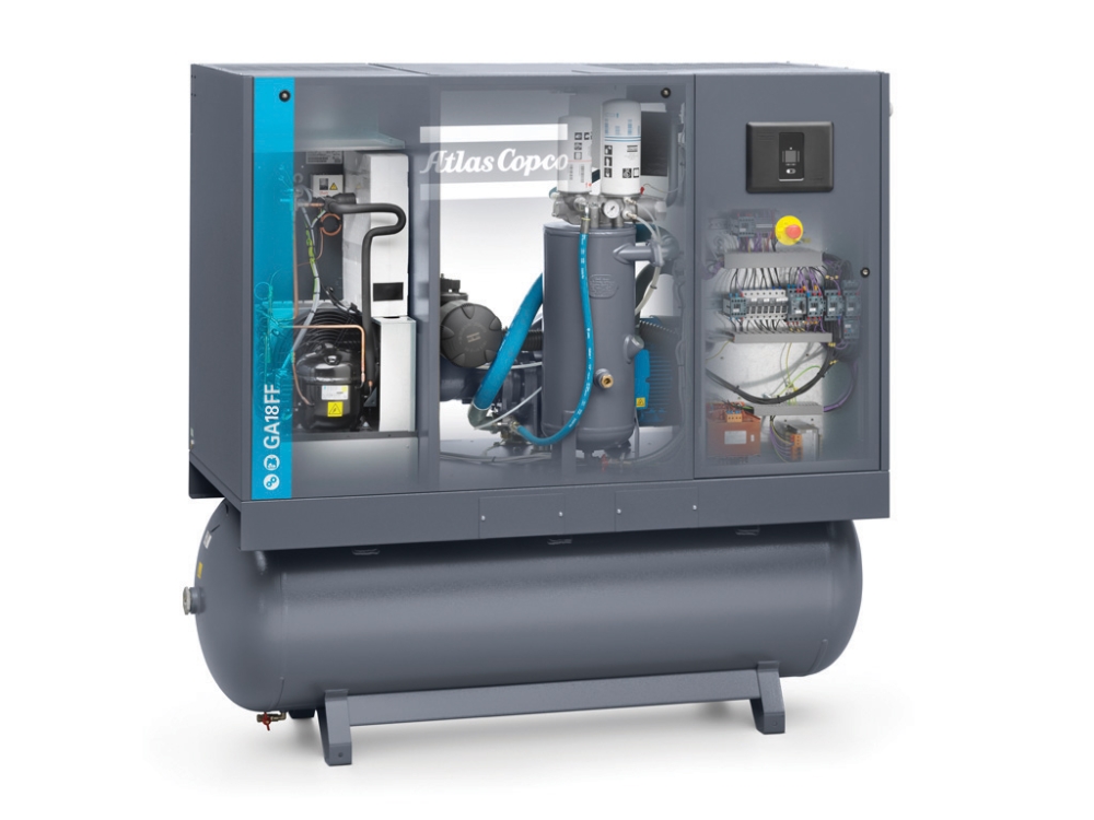 Atlas Copco Schraubenkompressor GA 18 - 10 bar FF inkl. Kältetrockner und Behälter 500 L
